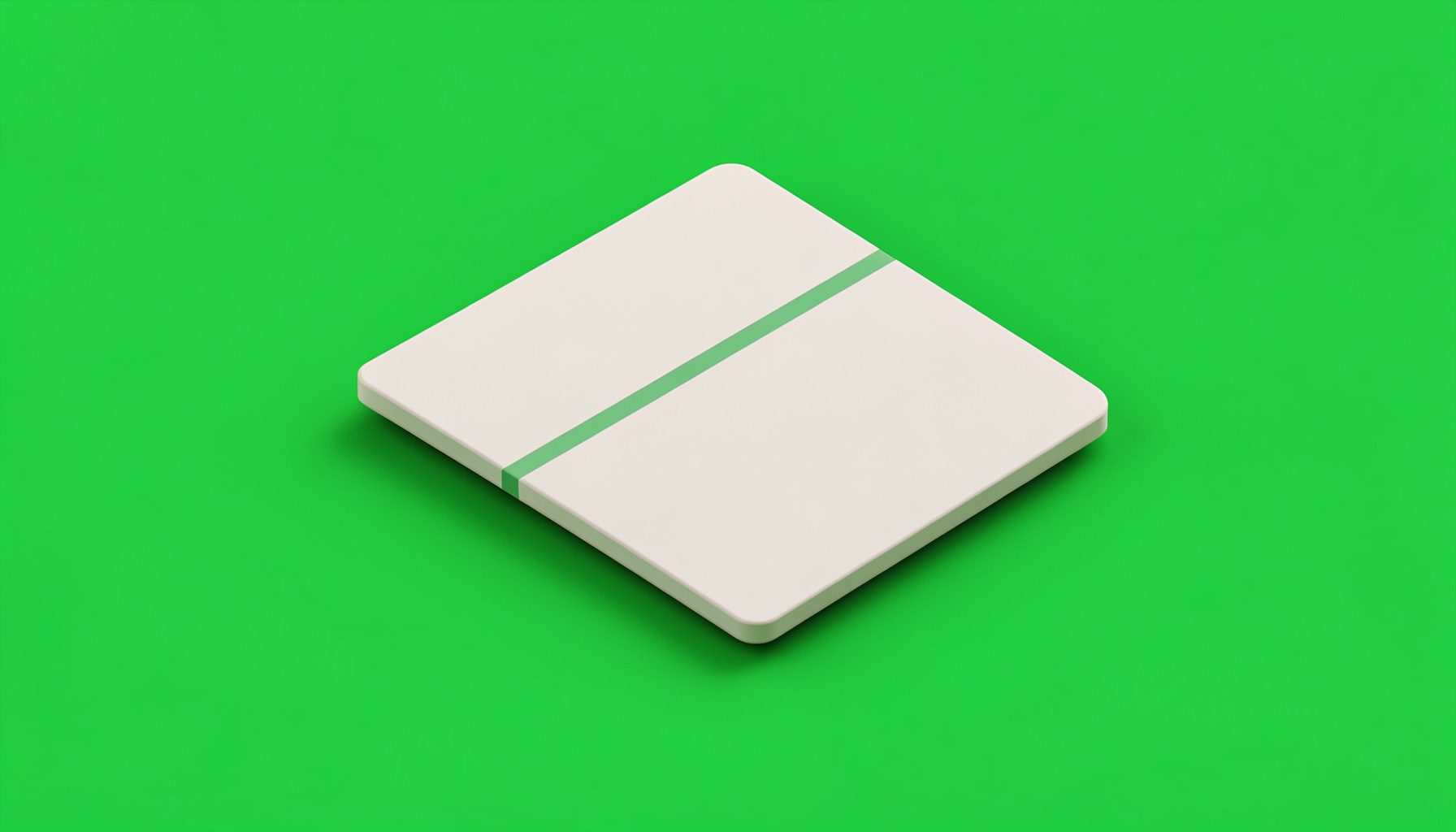 An isometric 3D render of a minimalist card-like shape in off-white with a subtle green accent stripe, casting a soft shadow.