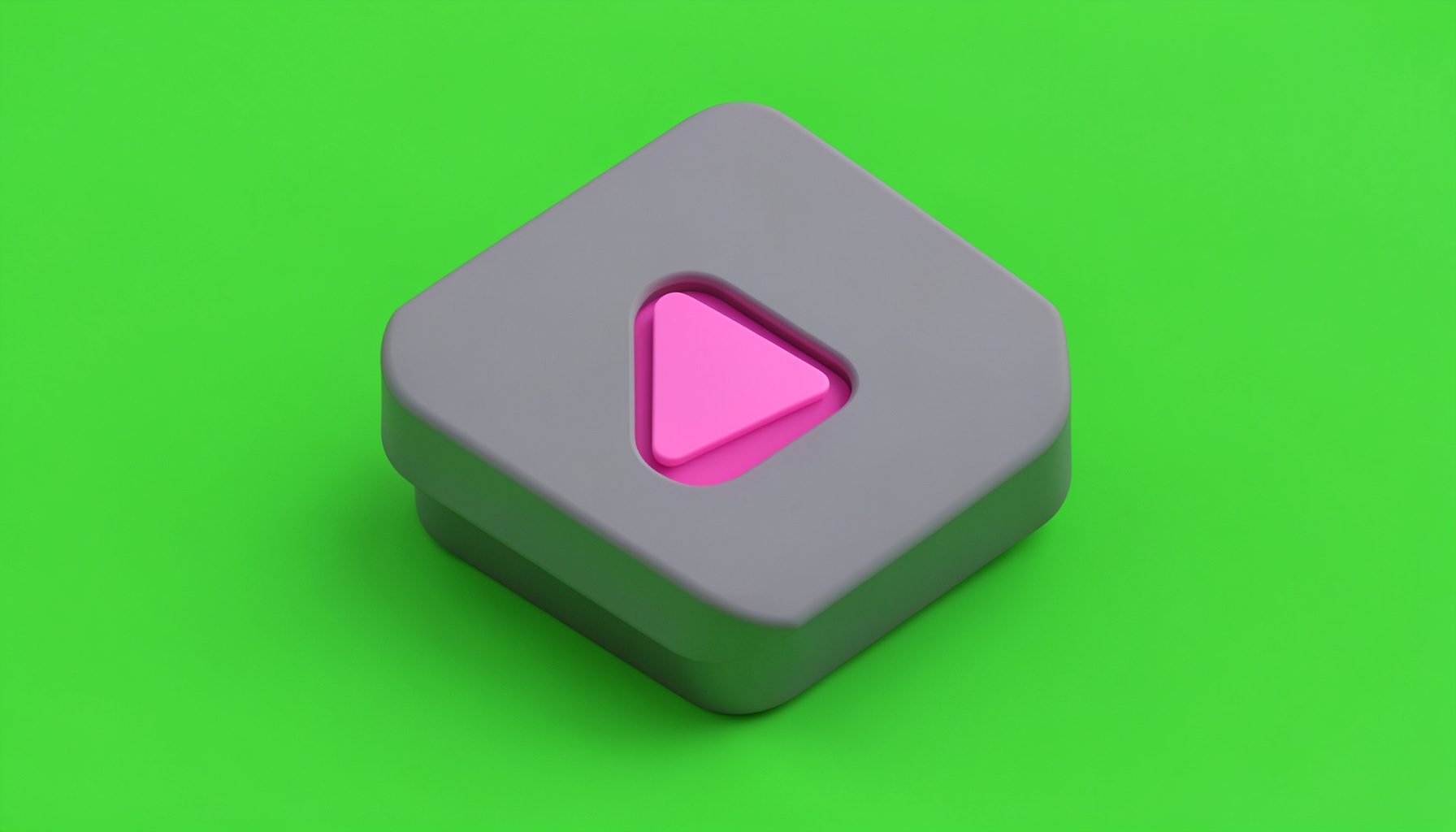 An isometric 3D render of a video-player-shaped block in muted grey with a pink play-button accent, clean and modern.