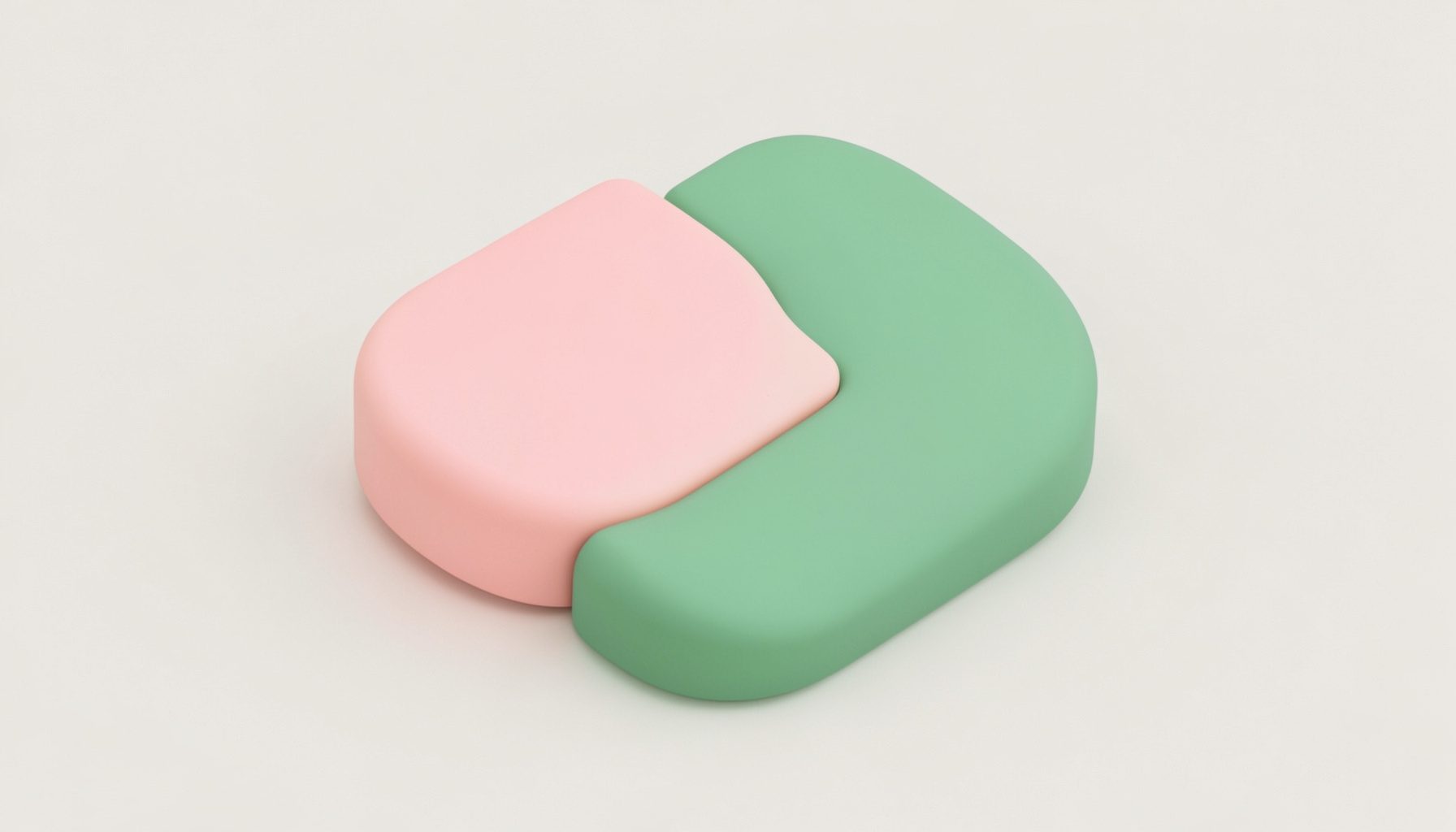 An isometric 3D render of two overlapping rounded forms in blush pink and sage green, set against a light neutral backdrop.