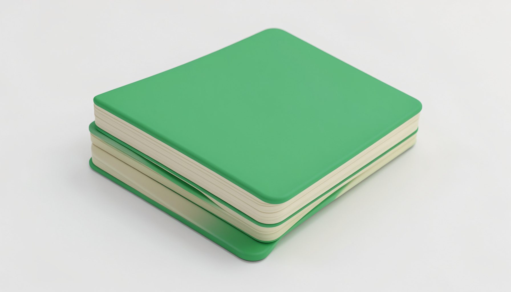 An isometric 3D render of a layered card stack in sage green and cream, with soft rounded corners and gentle lighting.